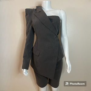 Gray one shoulder asymmetric blazer top mid length shorts two piece set